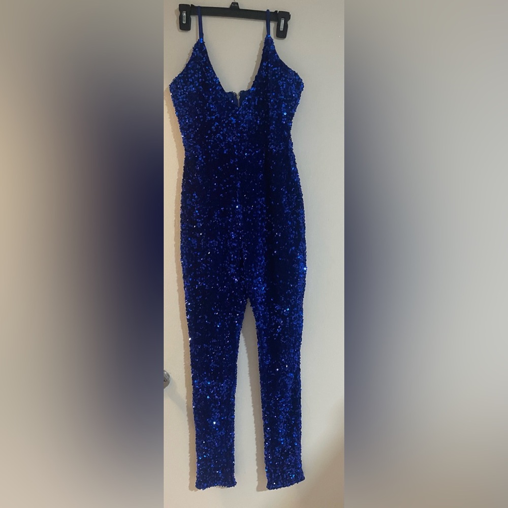 Fashion Nova Cobalt Sequin Spaghetti Strap Jumpsuit